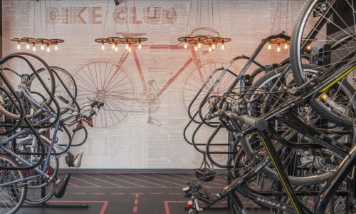 a group of bicycles in a room